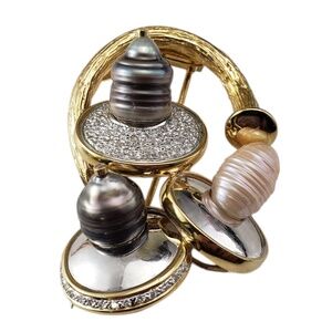 Dagon 18K Yellow Gold and Platinum Pearl Diamond Brooch #20887